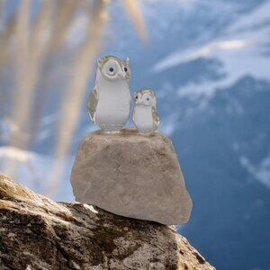Vintage Glass Owl Figurines On White Sparkley Stone Base